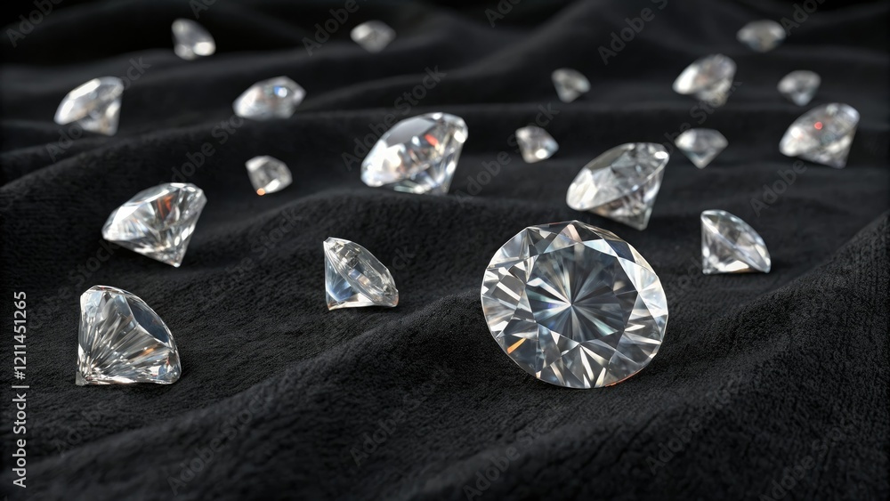 A collection of isolated raw diamonds scattered across a black velvet surface with varying sizes and shapes, velvety, gemstones, sparkling, precious, diamonds A collection of isolated raw diamonds scattered across a black velvet surface with varying sizes and shapes, velvety, gemstones, sparkling, precious, diamonds