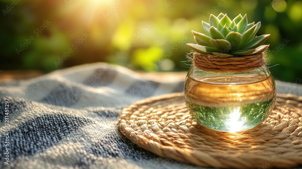 Succulent in Glass Orb on Woven Mat, bathed in Sunlight Succulent in Glass Orb on Woven Mat, bathed in Sunlight