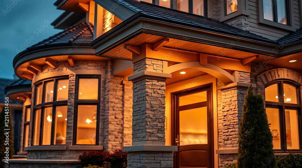 Obraz premium Luxury Home Exterior at Night: Modern Stone Architecture, Warm Lighting, and Inviting Entrance