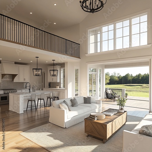 Modern farmhouse living room, open floor plan, kitchen view, golf course background, home design photo