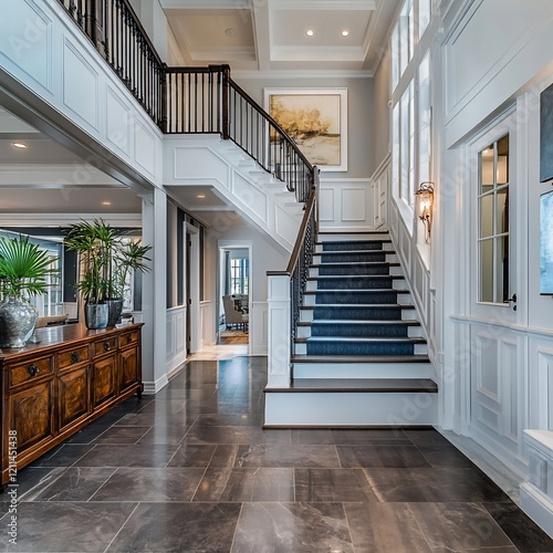 Grand foyer staircase, luxury home interior, elegant design, natural light, real estate listing photo