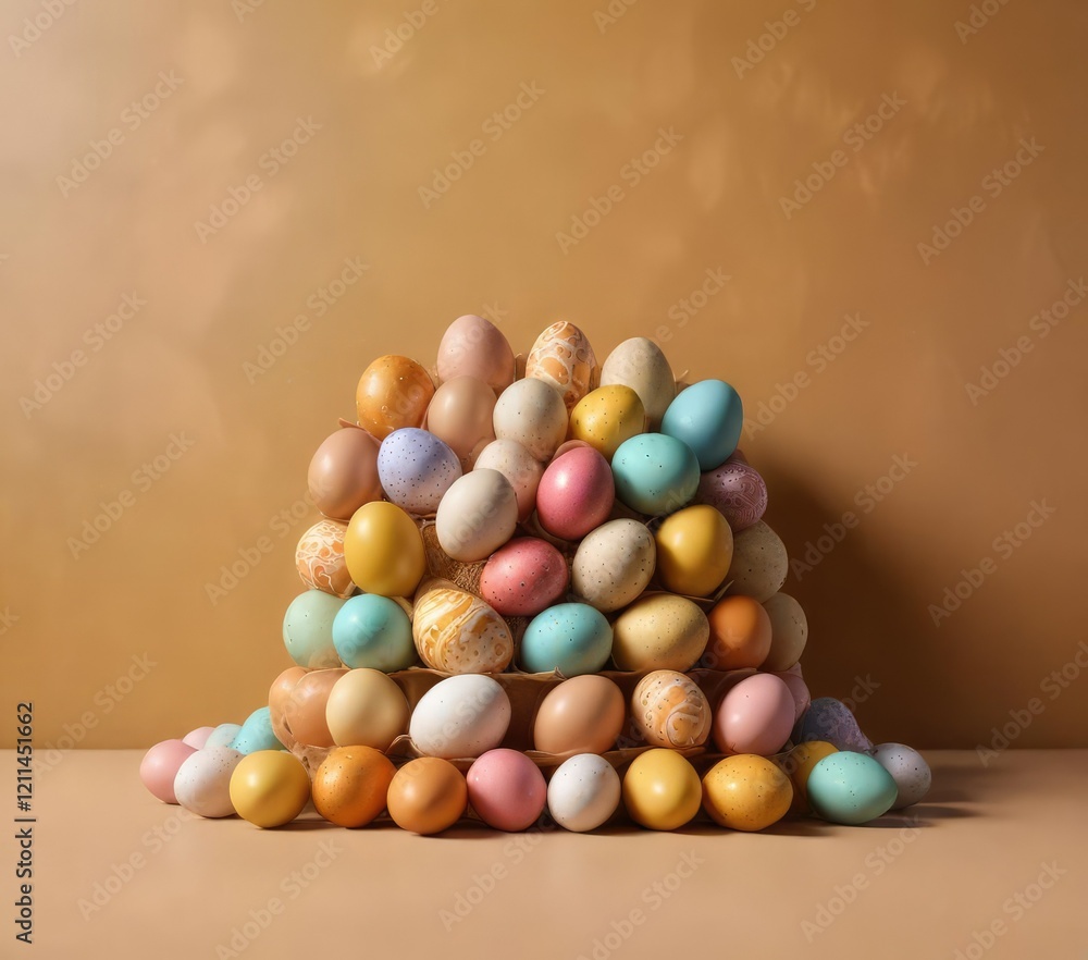 Obraz premium A colorful arrangement of Easter eggs against a warm golden brown background, egg arrangement, golden eggs, earthy colors