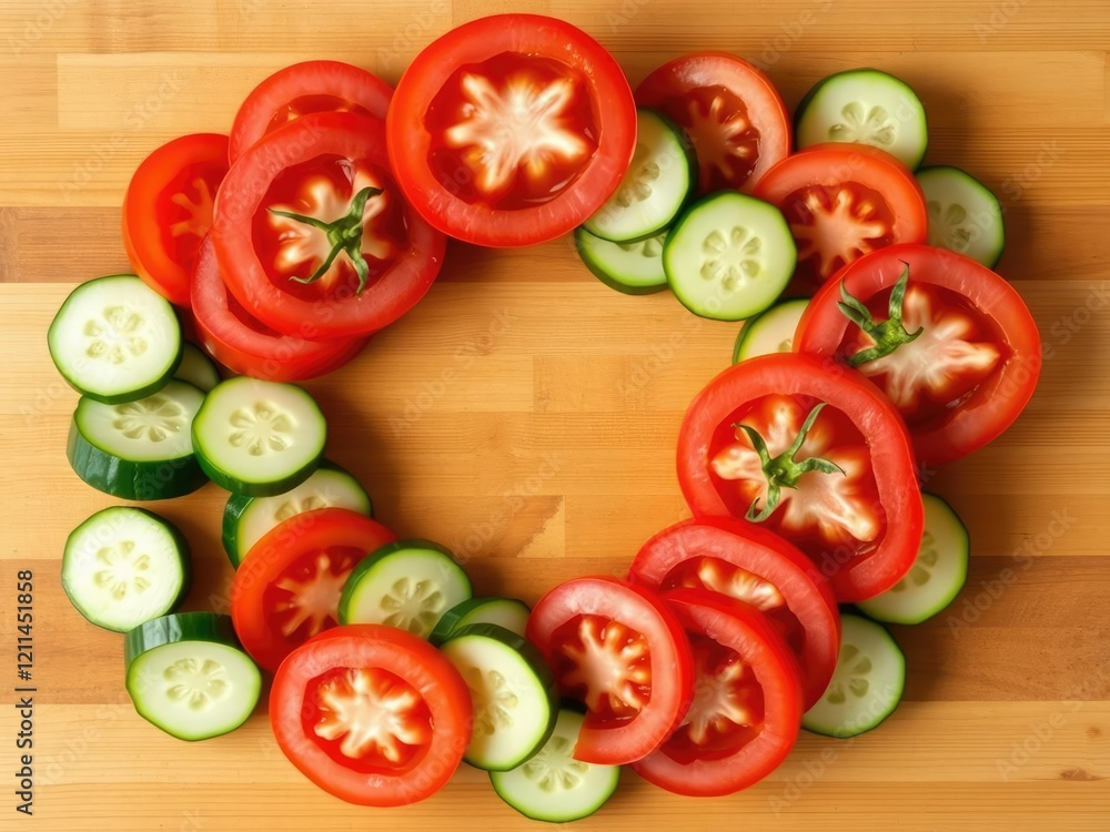A colorful arrangement of sliced red tomatoes and green cucumbers in a circular pattern on a wooden cutting board, salad toppings, fruits and vegetables, fruit salad A colorful arrangement of sliced red tomatoes and green cucumbers in a circular pattern on a wooden cutting board, salad toppings, fruits and vegetables, fruit salad