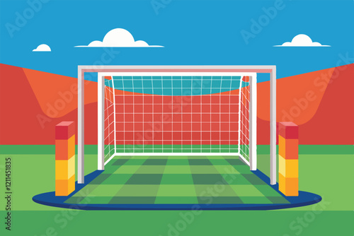 A football goal stands ready for play in a colorful outdoor setting under a clear blue sky Football goal Customizable Semi Flat Illustration