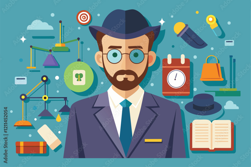 A forensic expert appears amidst essential tools representing his profession and expertise in crime investigation Forensic expert Customizable Semi Flat Illustration A forensic expert appears amidst essential tools representing his profession and expertise in crime investigation Forensic expert Customizable Semi Flat Illustration