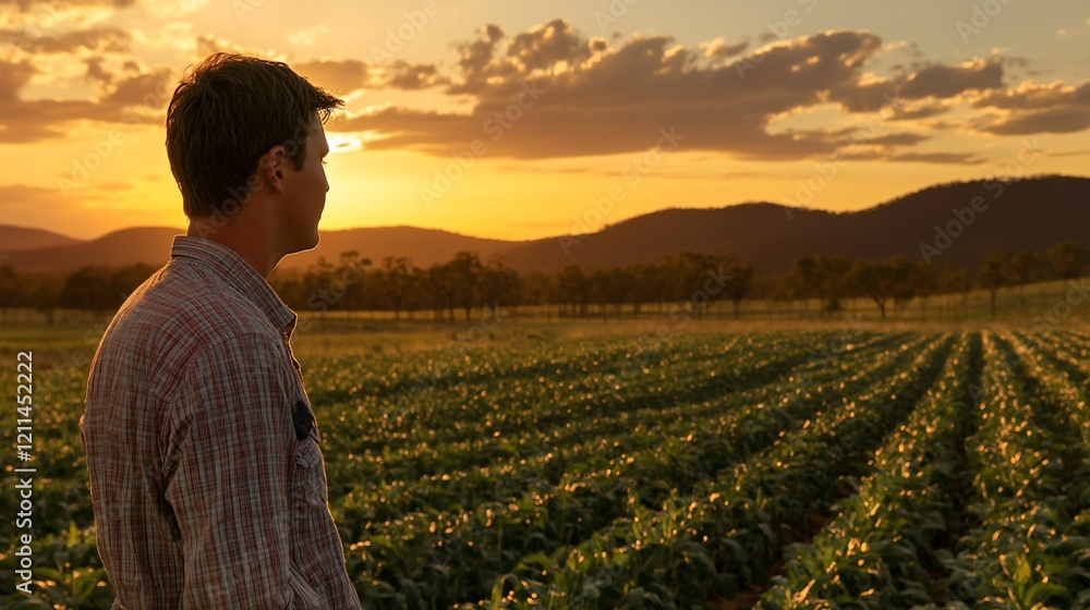Fototapeta premium Farmer sunset field agriculture contemplation rural landscape