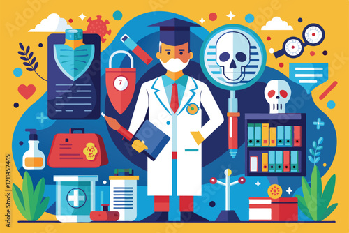 A forensic medicine specialist stands confidently among various investigative tools and laboratory equipment Forensic medicine Customizable Semi Flat Illustration