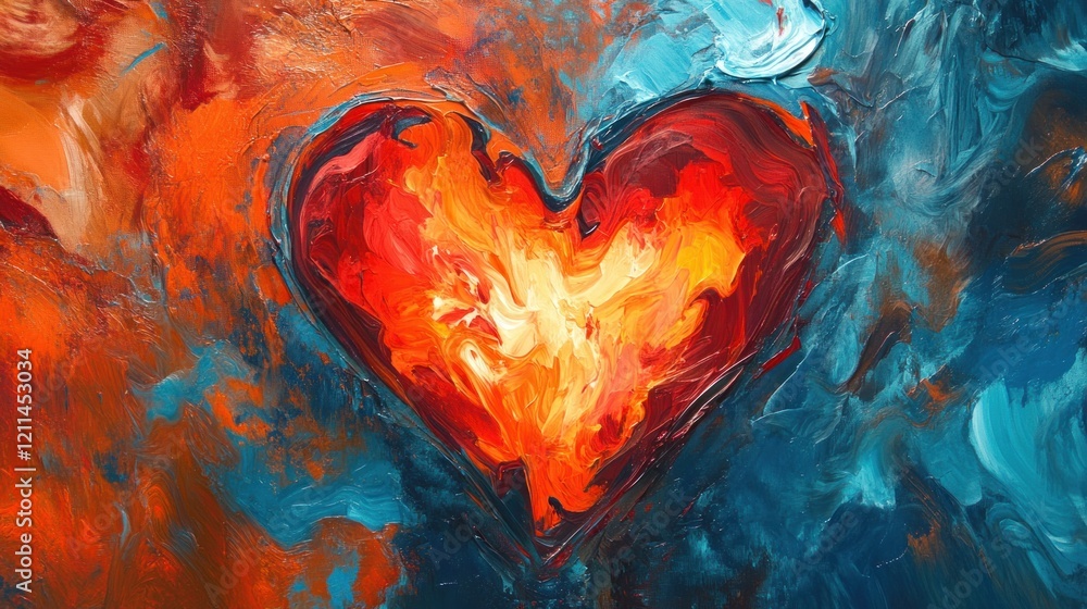 Heart with abstract flame patterns: A colorful heart with dynamic flame-like shapes in red, orange, and blue, symbolizing passion and inner strength. Heart with abstract flame patterns: A colorful heart with dynamic flame-like shapes in red, orange, and blue, symbolizing passion and inner strength.