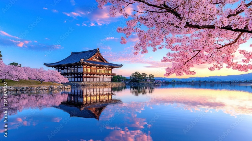 Fototapeta premium Heian Jingu Garden: A Stunning Cherry Blossom Spot in Kyoto with Lush Plants, Ponds, and Buildings