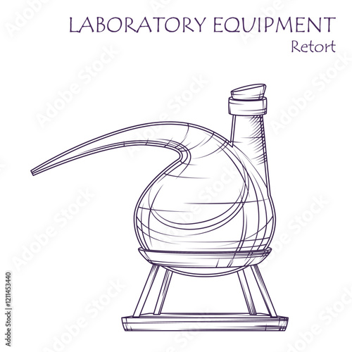 Laboratory equipment. Vector illustration of Retort flask in sketch style. Glassware flask isolated on white. Chemistry, experiment, science concept.