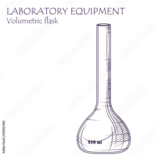 Laboratory equipment. Vector illustration of Volumetric flask in sketch style. Glassware flask isolated on white. Chemistry, experiment, science concept.