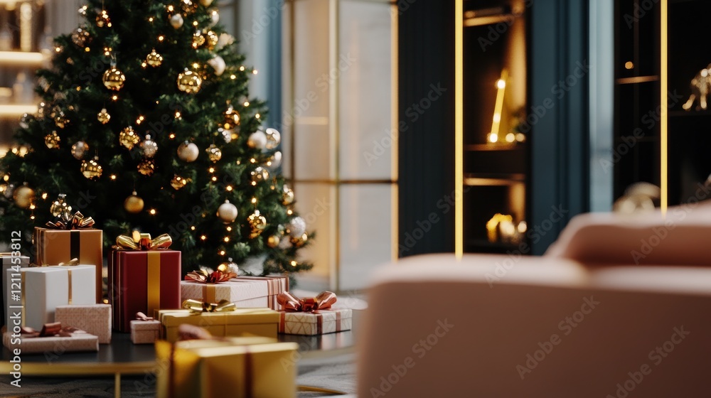 Christmas Tree with Presents in a Luxurious Living Room Christmas Tree with Presents in a Luxurious Living Room