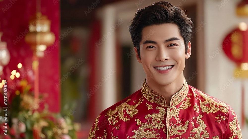 Smiling man, traditional red outfit, Chinese New Year decor, festive background, holiday advertisement Smiling man, traditional red outfit, Chinese New Year decor, festive background, holiday advertisement