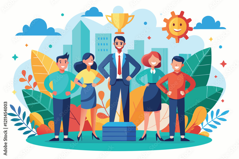 Team members celebrate leadership achievements with a trophy and a sense of camaraderie in a bright setting Forming team leadership Customizable Semi Flat Illustration Team members celebrate leadership achievements with a trophy and a sense of camaraderie in a bright setting Forming team leadership Customizable Semi Flat Illustration