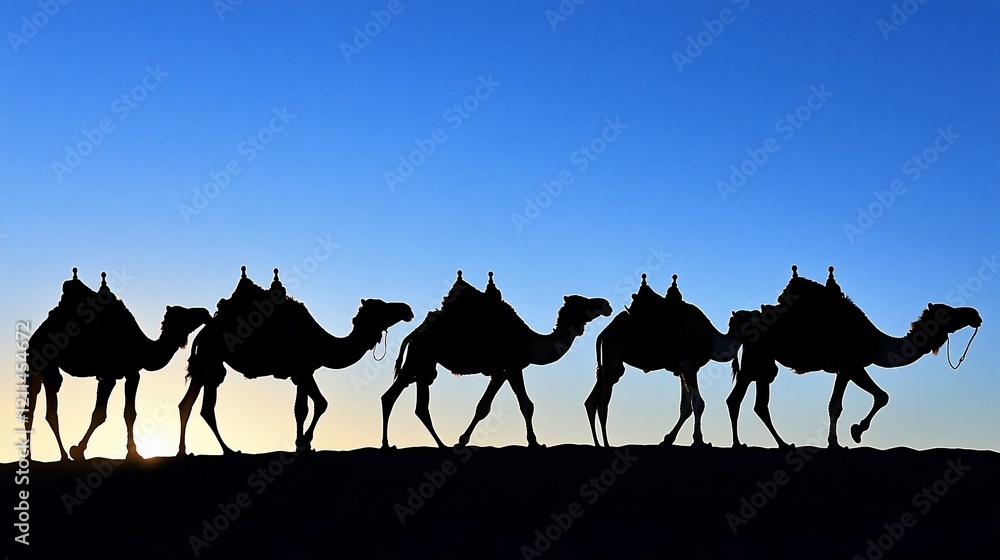 Desert sunset camel caravan silhouette Desert sunset camel caravan silhouette