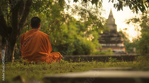 A man in a orange robe is sitting in a grassy area near a building photo