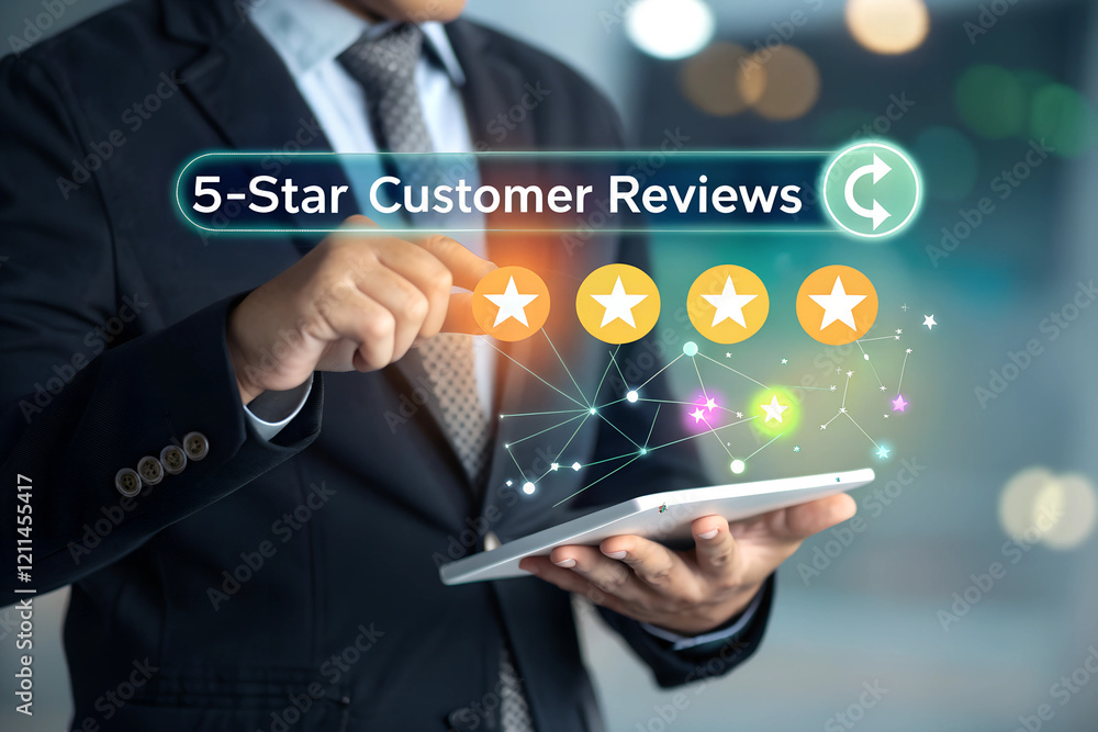 Customer feedback and review good rating concept, person in a business suit interacting with floating digital 5-star customer reviews. testimonial and testimony, user comment and feedback for review