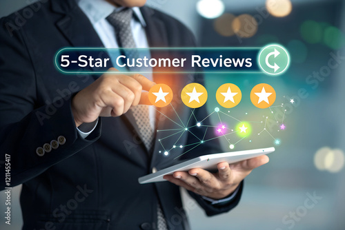 Customer feedback and review good rating concept, person in a business suit interacting with floating digital 5-star customer reviews. testimonial and testimony, user comment and feedback for review