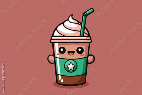 A cheerful cartoon frappuccino features a smiley face and colorful straw, ready to delight Frapp Customizable Cartoon Illustration