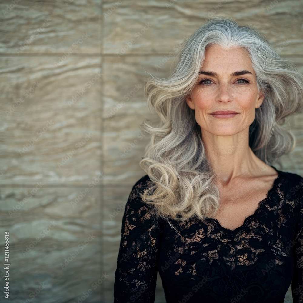 Fototapeta premium Elegant Mature Woman Gray Hair Lace Dress Studio Portrait