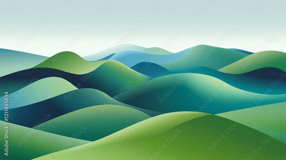 A tranquil landscape of rolling hills in abstract tones of green and blue designed for eco-friendly business themes. A tranquil landscape of rolling hills in abstract tones of green and blue designed for eco-friendly business themes.
