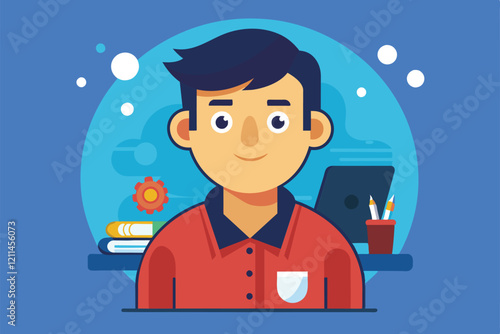 A cheerful young man works at a desk filled with books and art supplies Freelancer Customizable Cartoon Illustration