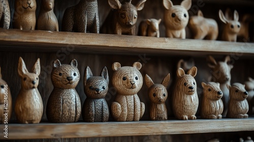 Wooden animal figurines displayed on shelves in a shop photo