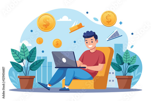 A freelancer enjoys working from home while money falls around him in a cozy setting Freelancer working from home, money falling on successful male trending