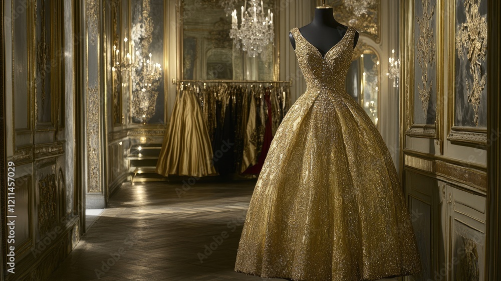 A beautiful gold evening dress hanging elegantly on a clothing hook, with a backdrop of a luxurious dressing room A beautiful gold evening dress hanging elegantly on a clothing hook, with a backdrop of a luxurious dressing room