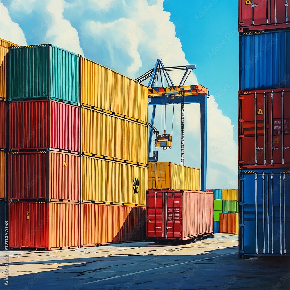 Fototapeta premium Colorful shipping containers stacked at port under sunny sky