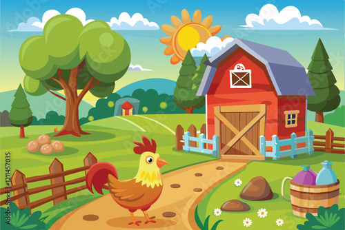 A cheerful chicken walks along a path beside a red barn in a beautiful countryside setting Free range chicken farm Customizable Cartoon Illustration