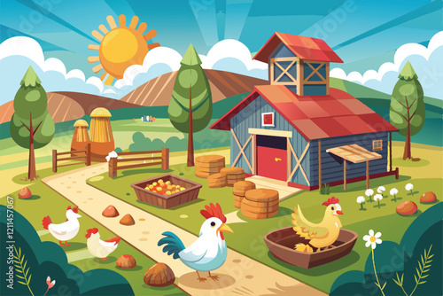 Free range chickens roam freely around a colorful barn and lush greenery in the countryside Free range chicken farm Customizable Disproportionate Illustration