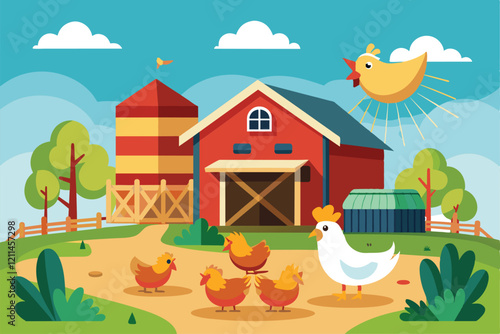 Chickens roam freely around a vibrant farm with a red barn under a sunny sky Free range chicken farm Customizable Semi Flat Illustration
