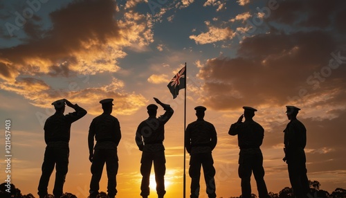 Soldiers salute sunset flag ceremony.