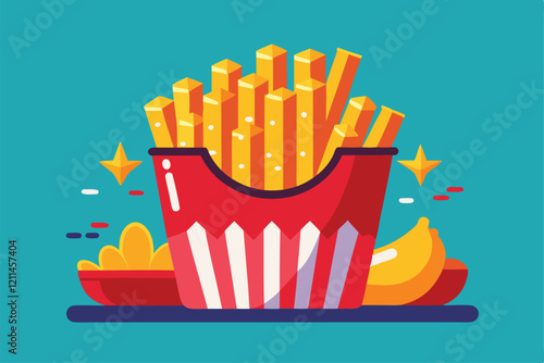 A container filled with golden French fries sits beside a bowl, radiating a fun and inviting atmosphere French Fries concept,