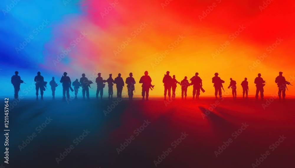 Fototapeta premium Soldiers silhouetted at sunset, dramatic sky, war.