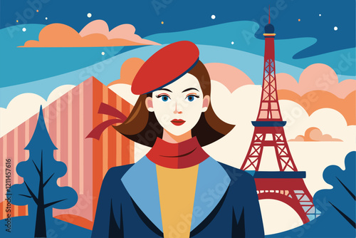 A fashionable woman stands proudly against a colorful Paris backdrop featuring the Eiffel Tower French woman in Paris concept,