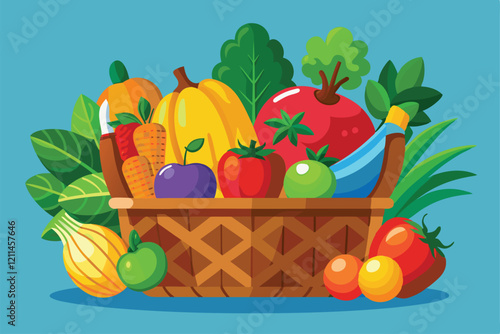 A vibrant assortment of fresh fruits and vegetables overflowing from a wicker basket Fresh fruits and vegetables,