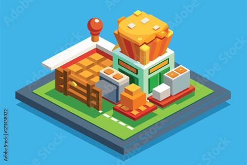 Explore a vibrant isometric illustration showcasing a customizable fried chicken restaurant with various food elements Fried chicken Customizable Isometric Illustration