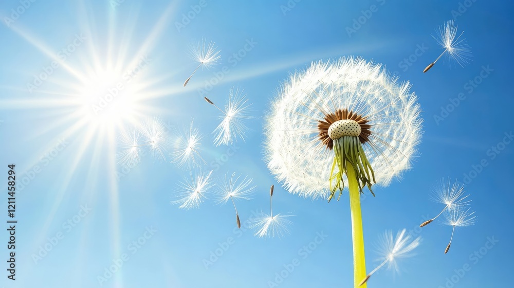 Obraz premium A dandelion flower with its bright yellow petals open wide under the morning sun