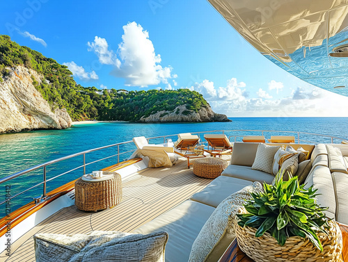 Luxury yacht deck with comfortable seating overlooking turquoise water and cliffs.