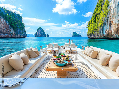 Luxury yacht deck with dining setup overlooking turquoise water and limestone cliffs.