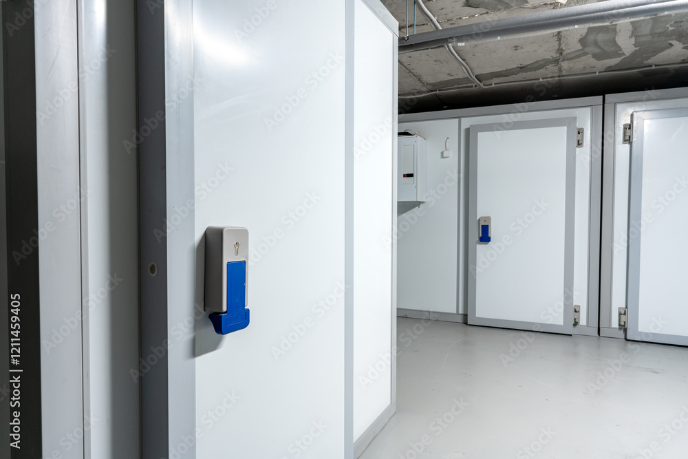 Secure storage facility with white units and blue access controls in a well-lit environment Secure storage facility with white units and blue access controls in a well-lit environment