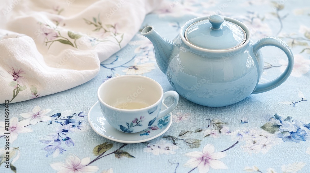 A light blue ceramic teapot with a matching teacup, placed on a floral-patterned tablecloth, creating a peaceful tea-time scene A light blue ceramic teapot with a matching teacup, placed on a floral-patterned tablecloth, creating a peaceful tea-time scene