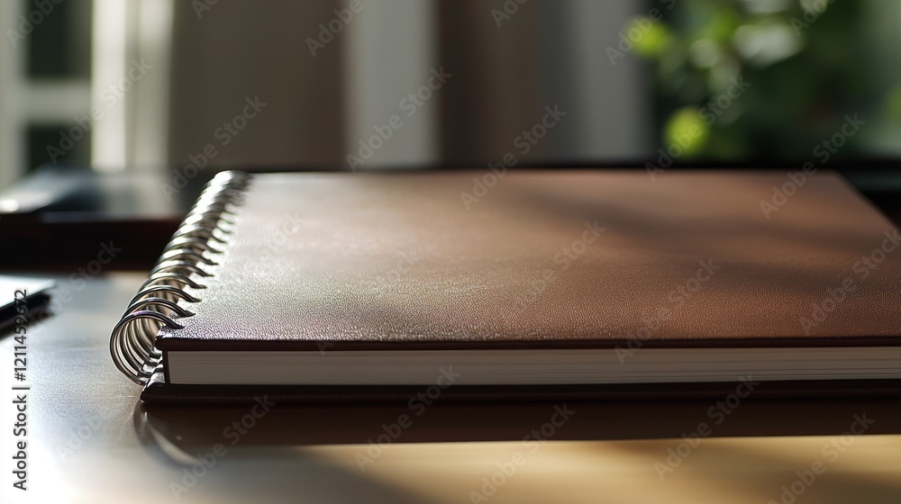 Brown Spiral Notebook on Wooden Desk in Sunlight Brown Spiral Notebook on Wooden Desk in Sunlight