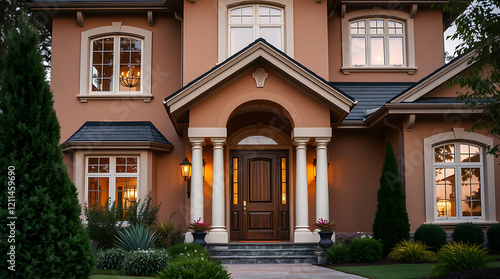 Luxury Home Exterior at Night: Elegant Brick Facade, Grand Entrance, and Landscaped Garden