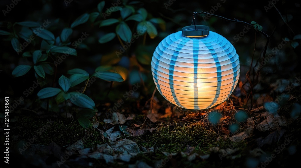 Obraz premium A light blue paper lantern glowing softly in a dark garden, surrounded by small plants and dim lighting, ideal for a nighttime event