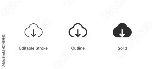 Cloud download icons in editable stroke, outline, and solid styles. for file storage, data transfer and cloud based services