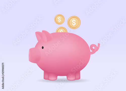 3D vector illustration of a pink piggy bank icon, minimalist style, with a gold coin with a dollar sign being inserted into it. Concepts of saving money, financial management, investing for the future