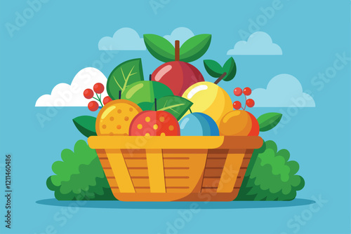 A colorful fruit basket filled with diverse fruits rests against a cheerful blue backdrop Fruit basket Customizable Disproportionate Illustration
